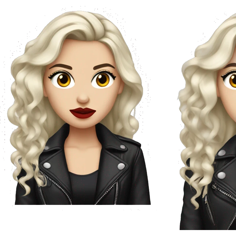 White girl, with long curly black hair, with red lipstick, black winged eyeliner, wearing black shirt and black leather jacket, rolling her eyes in annoyance  emoji