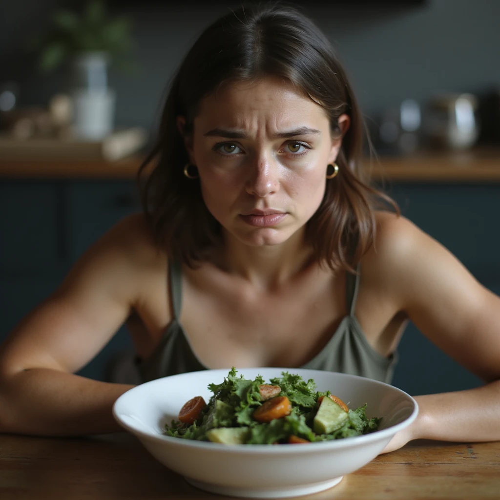 sad woman eating salad, sad expression, hyperrealism 4K, variation 10 emoji
