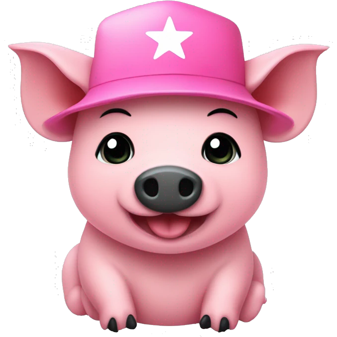 Un cerdito rosa con una gorra negra y feliz emoji