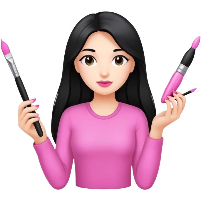 Pink Nail Tech with black long hair holding small acrylic brush emoji