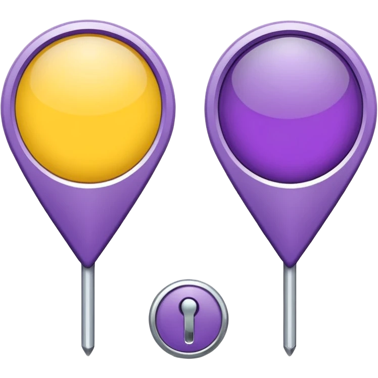 simple, minimalistic yellow (hex#FFD008) and purple (hex#8C52FF) icons of a pin location (round top and sharp bottom) emoji