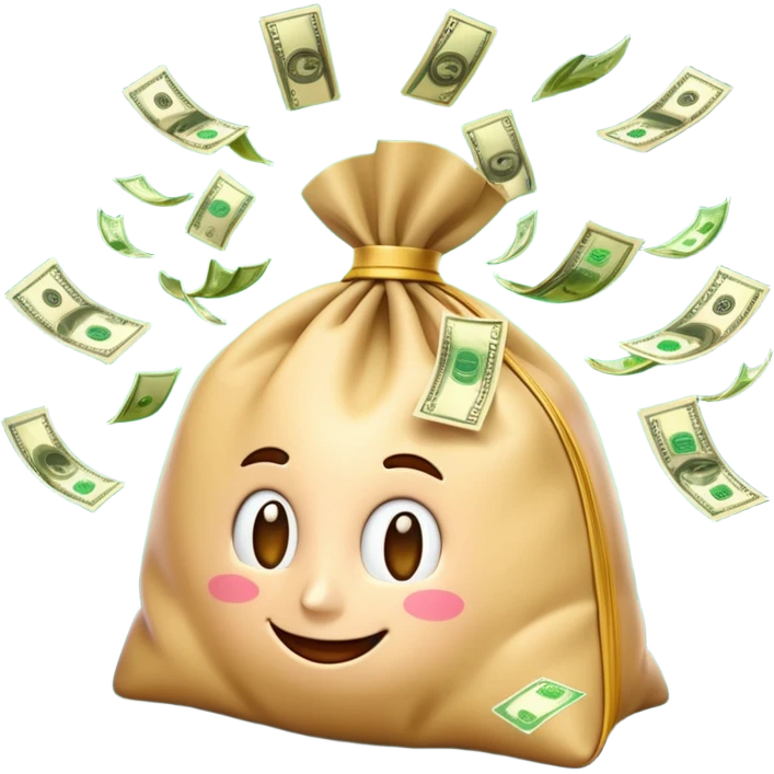 

3D emoji style, big bag of money, flying dollar bills, rich casino vibe, smooth lighting, high detail, clean edges, transparent background



 emoji