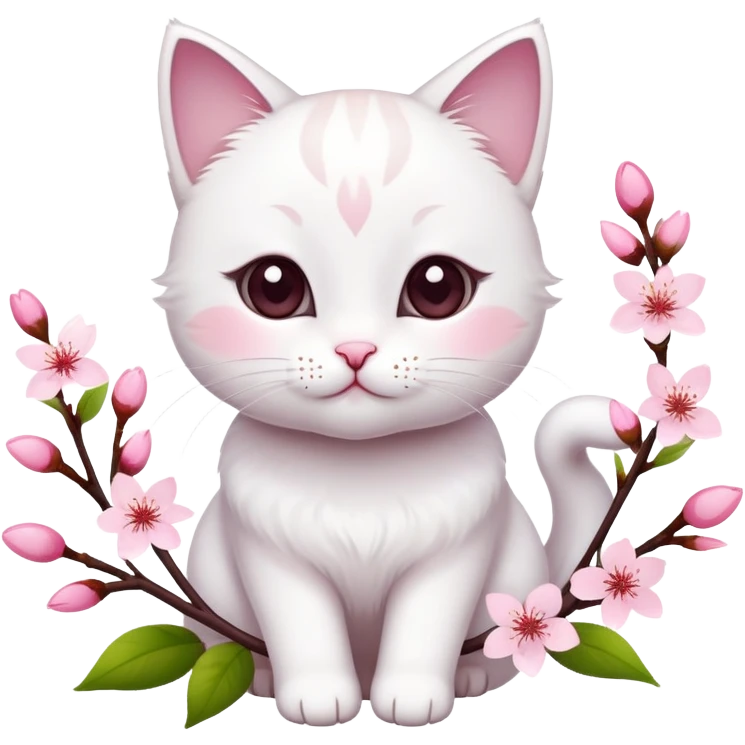 A cute  little  white cat and cherry blossom emoji