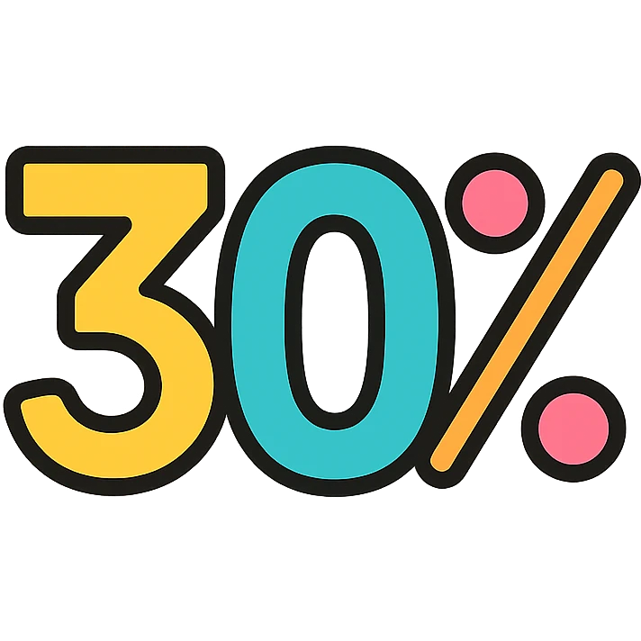 the number 30% in a colorful outlined icon style, playful and eye-catching, white background emoji