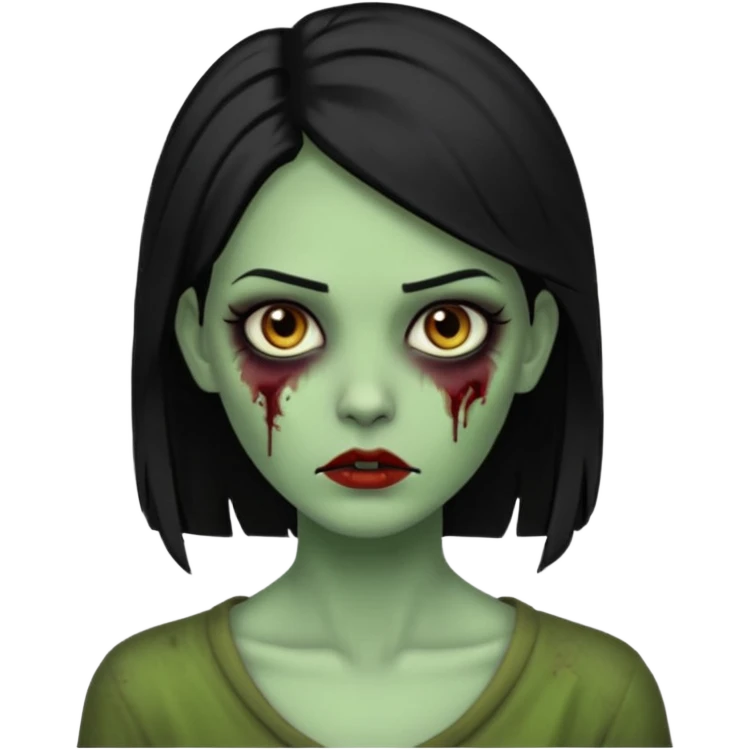 Faça uma zombie mulher bonita verde com olhos castanhos cabelos pretos partido ao meio liso, com estilo  emoji
