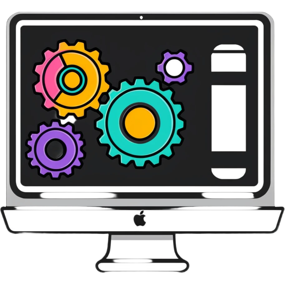 iMac computer with colorful gears on the screen emoji