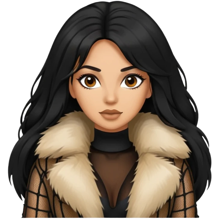 fur coat and fishnets, black long hair tanned woman  emoji