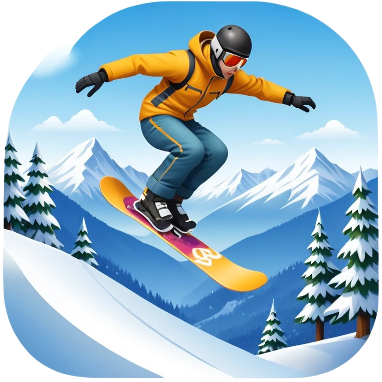 An icon showing a snowboarder performing an exciting jump on a snow-covered slope. The background features towering mountains, snow-covered trees, and a bright, clear sky. Transparent background highlights the speed, agility, and thrill of snowboarding. emoji