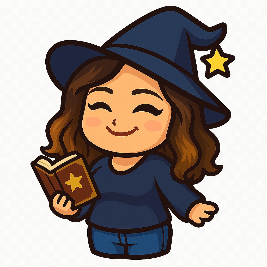 Sticker style chibi emote, matching the attached green heart emote as a base, but with a slightly skinnier body and a bigger chest. Woman from reference, navy blue sweater and blue jeans, wearing a wizard hat and holding a magic book, cute magical face, no headband, no wand, transparent background. Top color should not match jeans. emoji