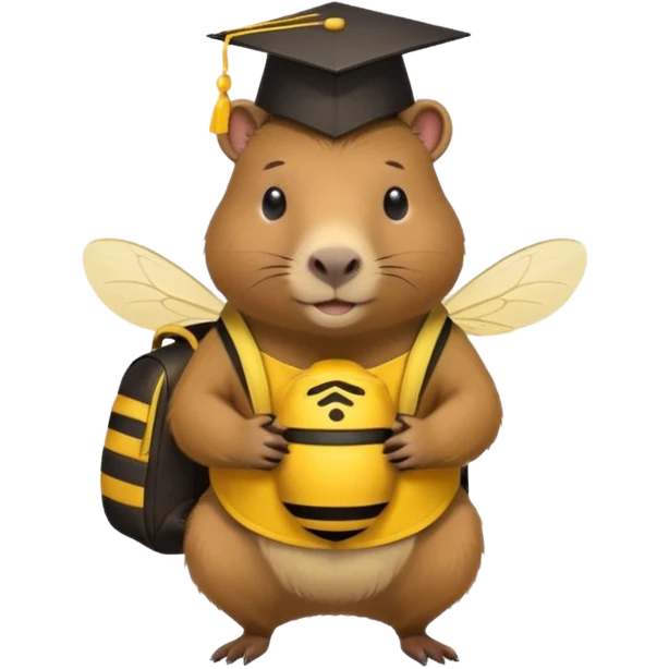 capybara wearing a bee backpack and graduate hat emoji