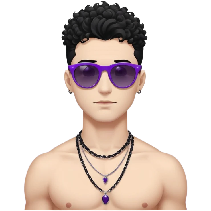 shirtless male athlete with white skin and moderately curly black hair on top with shaved sides, wearing purple sunglasses with very dark heavily tinted black lenses, and a simple plain black chain necklace, no earrings or other jewelry emoji