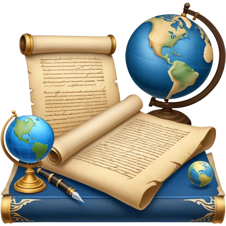 An icon featuring an ancient scroll, a quill pen, and a globe, symbolizing the study of history. The design includes a timeline with significant historical events, with ruins in the background to evoke past civilizations. Transparent background emphasizes the exploration of human history emoji