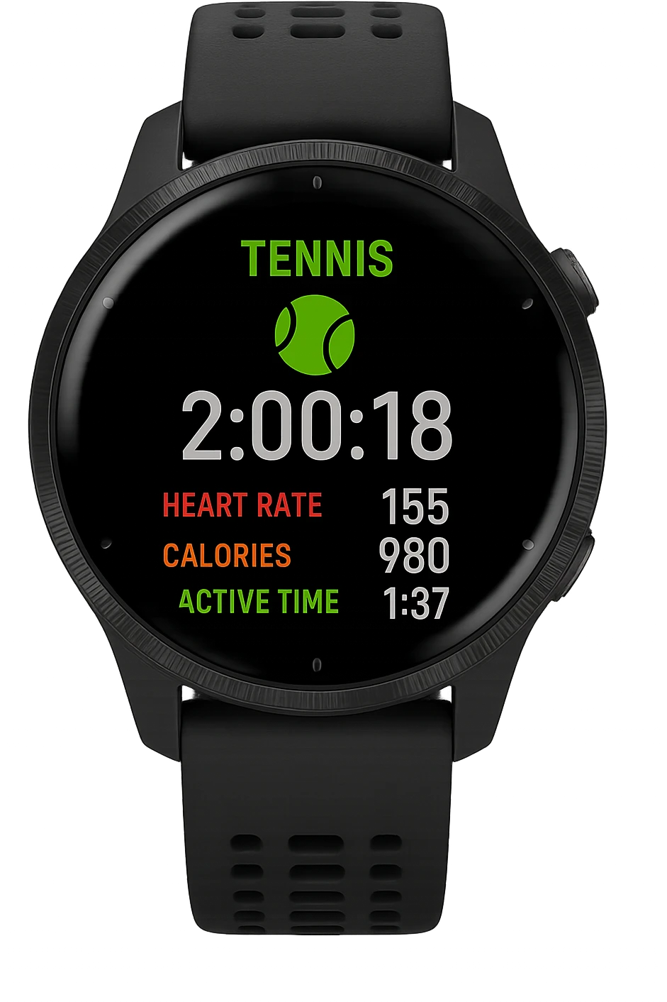 smartwatch con modalità attiva di tennis che segna 2 ore di tennis, REALISTICA 4K emoji