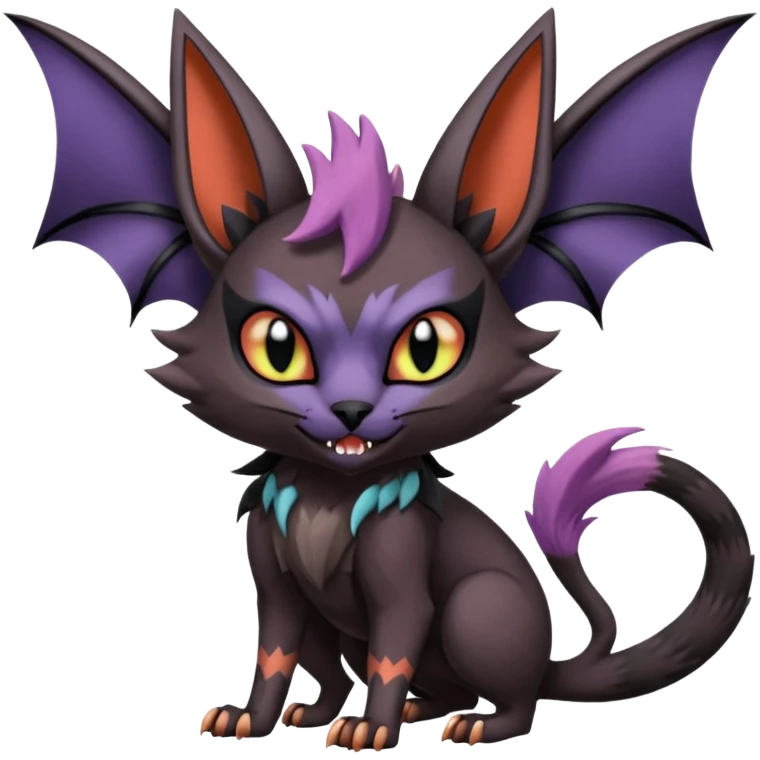 Black edgy Noivern-Noibat-Purloin-Torracat-Lykoi-Caracal-cat-Fakemon-fusion-hybrid-creature with bat wings on head as ears, big fangs, gothic markings emoji