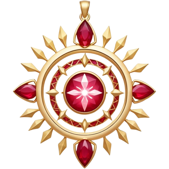 ruby pendant radiating luminous aura, celestial being forming inside, surrounded by floating runes emoji