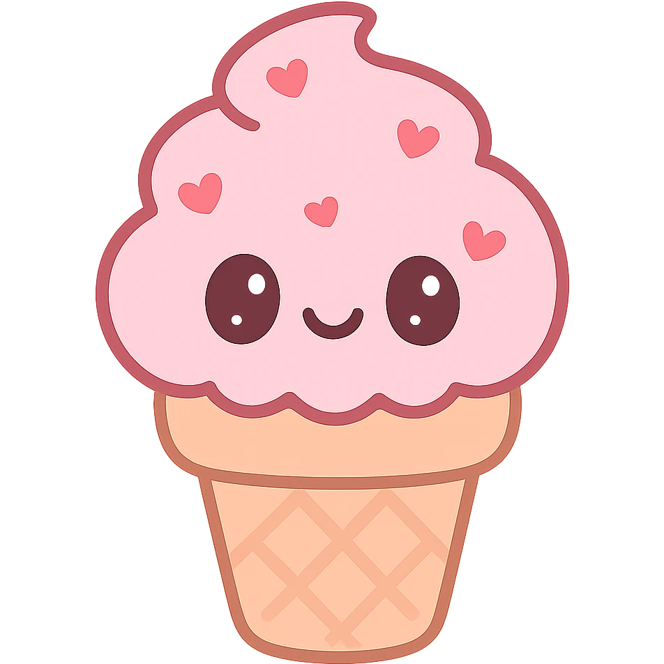 kawaii style ice cream cone, cute face, pastel colors, big sparkling eyes, heart-shaped sprinkles, fun and friendly emoji