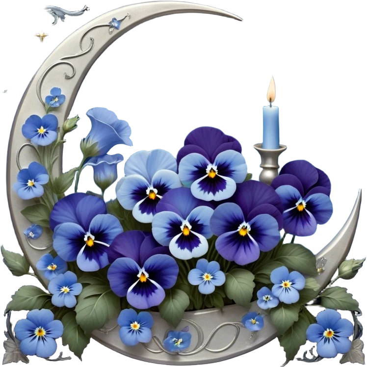 A mesmerizing celestial scene where deep blue pansies intertwine with delicate light blue flowers, their petals shimmering under the glow of a silver crescent moon. The background features a vast, dark sky illuminated by soft constellations, with zodiac symbols faintly glowing amidst swirling nebulae. A pearl-colored candle, engraved with intricate astrological glyphs, rests atop an elegant glass pedestal, reflecting the mystical starlight. Delicate silver rings and planetary orbits float subtly in the air, adding a cosmic rhythm to the composition. Tiny shooting stars leave trails of stardust, weaving between the flowers like whispers of forgotten prophecies. emoji