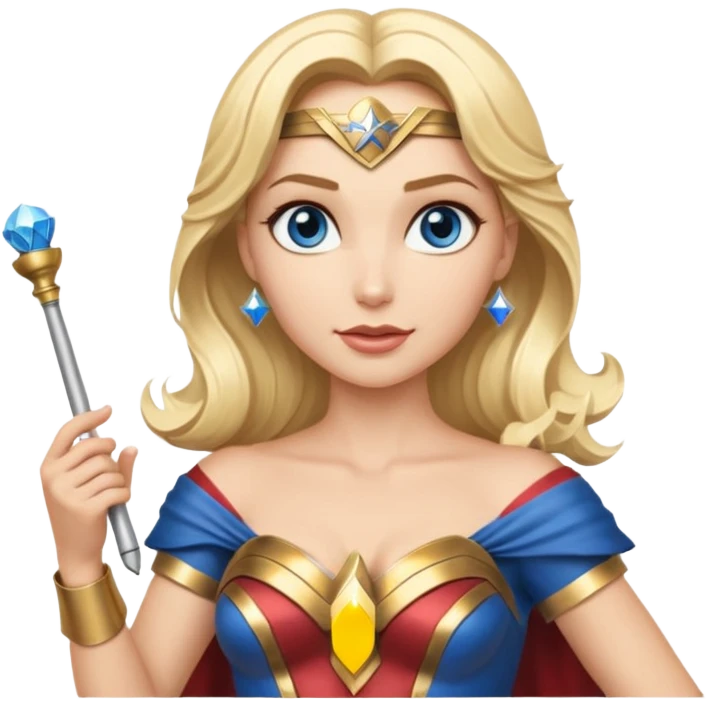 Blonde blue eyed Wonder Woman holding white orchestra conductor’s baton and bell emoji