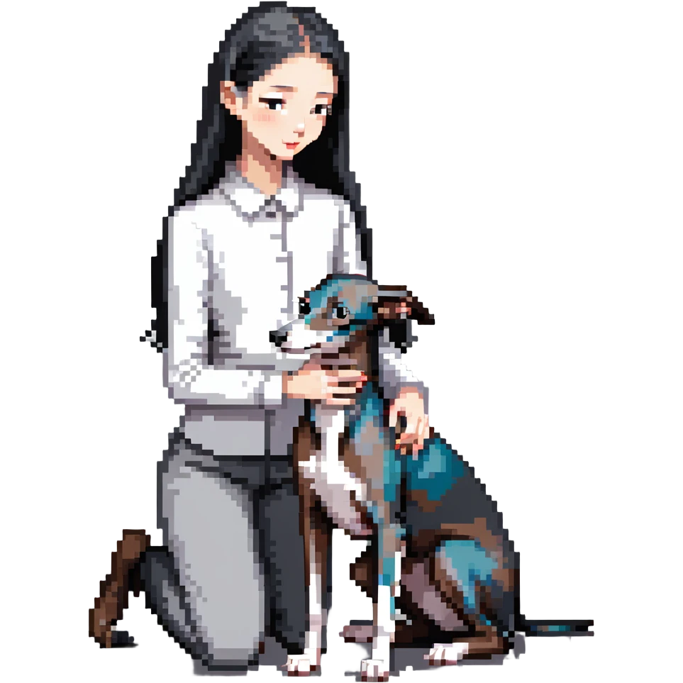 Slim Chinese girl with long black hair petting an Italian greyhound with completely uniform solid grey color throughout its entire body and face, with no white markings anywhere emoji