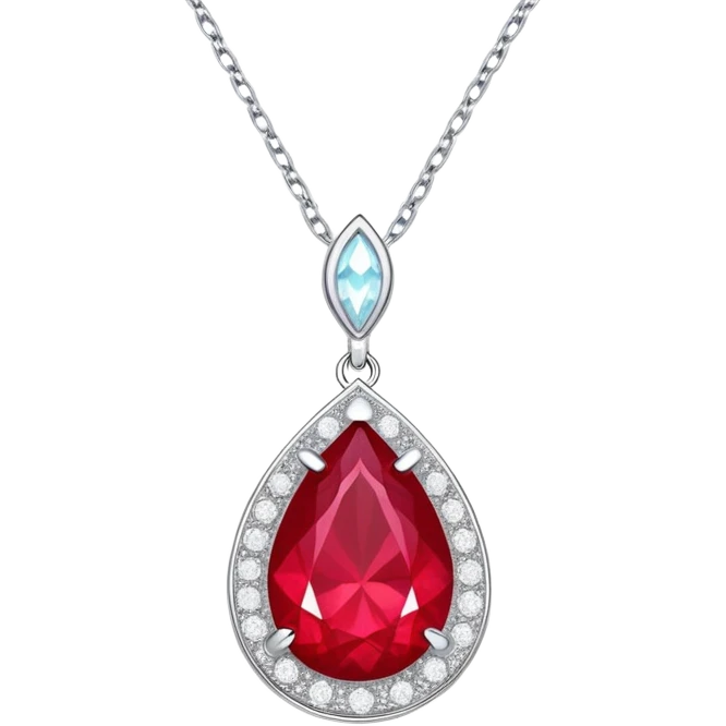 teardrop ruby pendant with silver chain and white stones, radiating luminous aura emoji