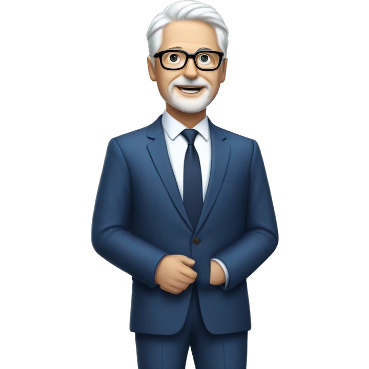 an 55 years old CEO with white short hair and a small white beard wearing a fine blue suit and black glasses. emoji