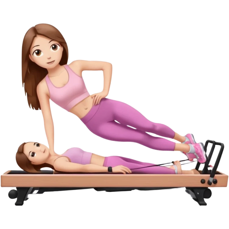 pretty white teen with hazel eyes and long brown hair and a small waist in light pink workout clothes in a plank on a pilates reformer emoji
