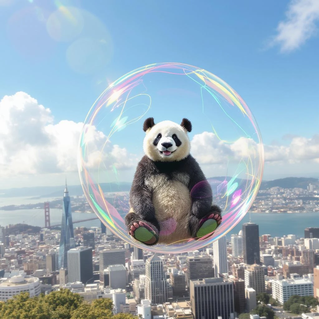 panda bear sitting in bubble flying around San Francisco downtown, sunny summer day, happy vibe emoji