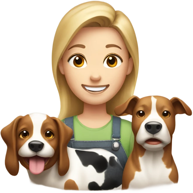 happy face emoji with brownish blonde hair on a farm with a cow and a dog  emoji
