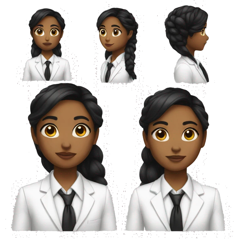  a young girl with Latin features, dark skin, long black hair with a ponytail, makeup, big eyes, small nose, thin eyebrows, wearing a white suit, white shirt and black tie emoji