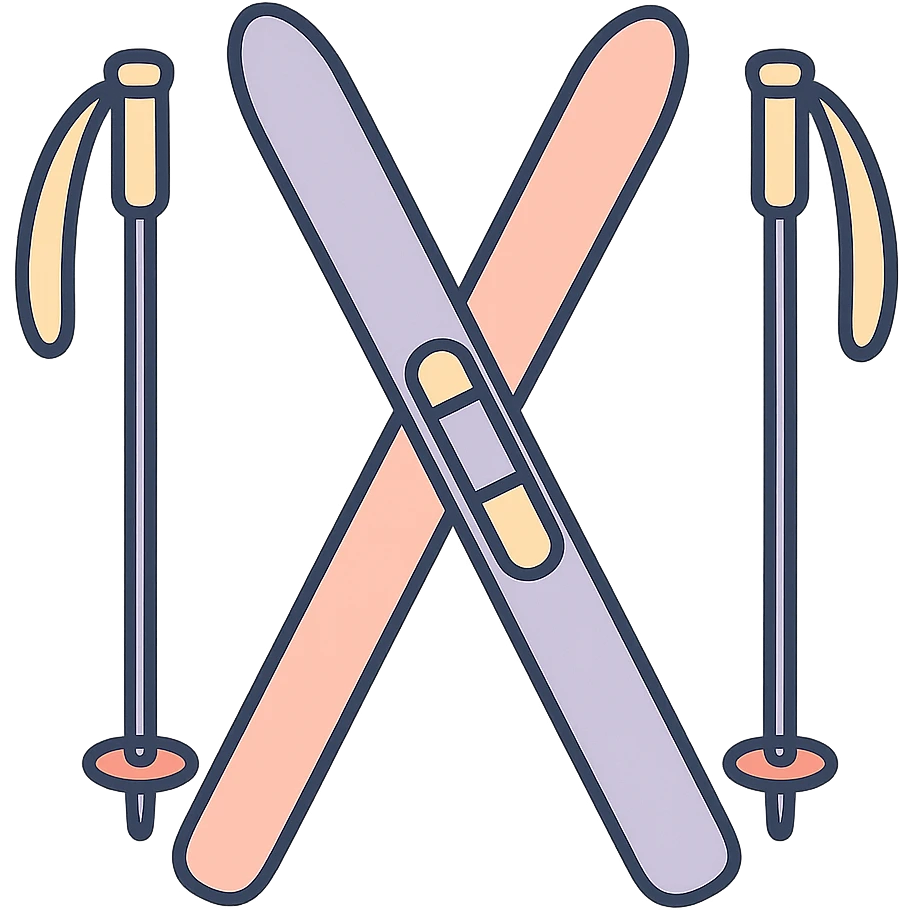 cross-country skis standing, slightly inclined in opposite directions, poles on the sides with visible hand straps, detailed shading, thin clean outlines, soft rounded features, pastel palette #98B5BC #B5B3C1 #C9A3C9 #E4C0CA #F7DCD1 #F7C0AA, Japanese pop art, sticker look, highly detailed, vector clarity, soft lighting, subtle shadows, transparent background emoji