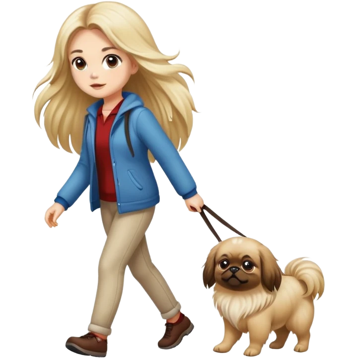 A long-haired girl walking a Pekingese dog emoji