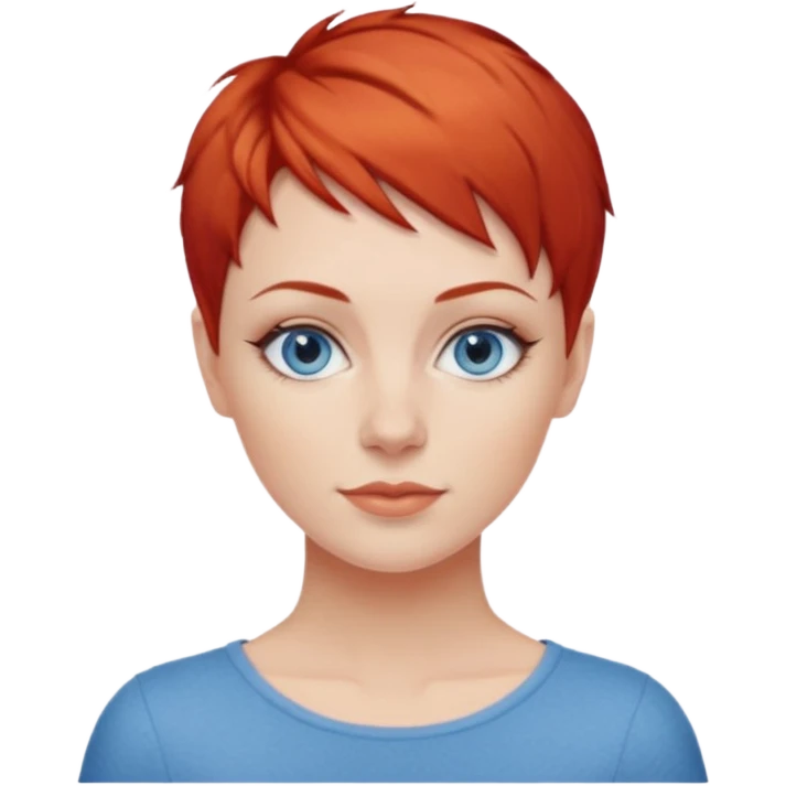 27 year old white woman, red hair, pixie cut, blue eyes emoji