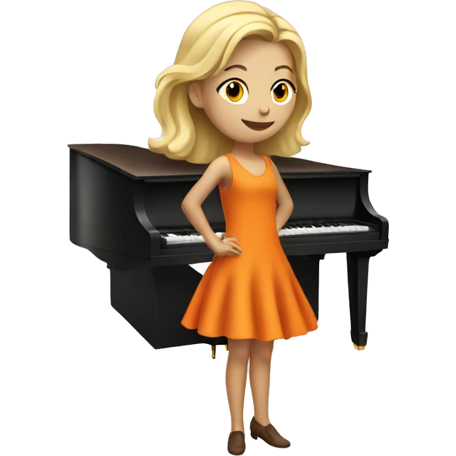 Blonde girl wearing an orange dress playing a brown upright piano emoji