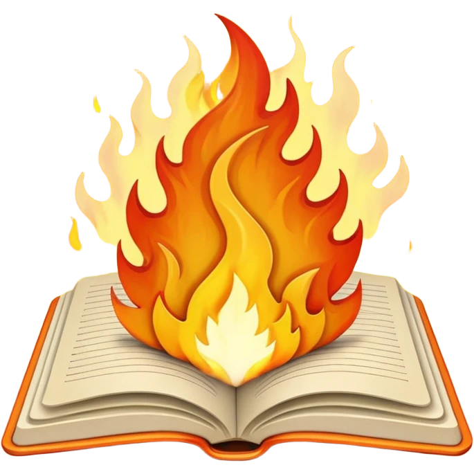 open notebook with rising flames above emoji
