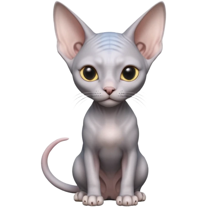 A 3D cartoon silver-gray Sphynx cat with smooth skin, gentle expression, elegant pastel lighting, cinematic Memoji rendering. full body or half body. emoji