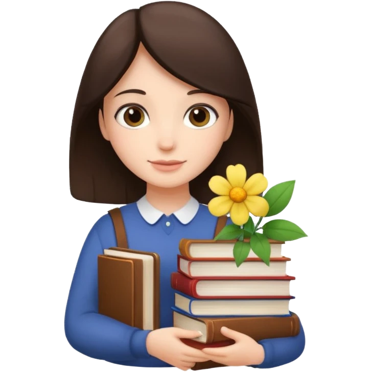 Brunette holds a stack of books + flower emoji