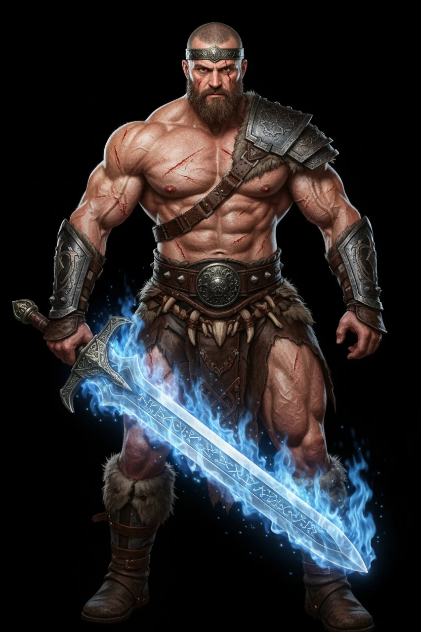 Turn this man into a conan the barbarian, with a flaming blue sword that is large, make him very muscular emoji