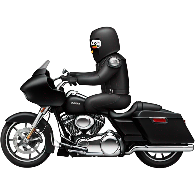 TinMan riding black Harley road glide with glue on the back emoji