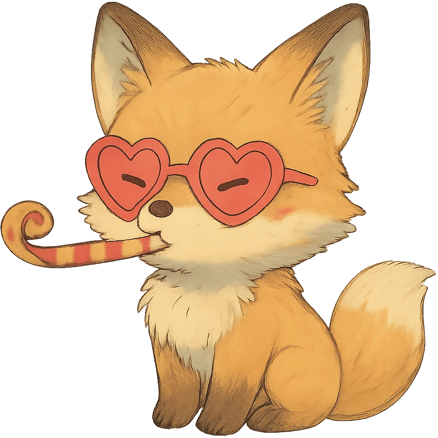 baby fox with heart glasses blowing party horn in soft Ghibli style emoji