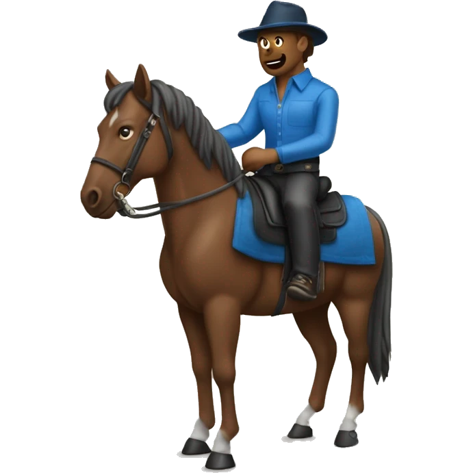 create an emoji of a man wearing a blue clothes on top of a brown horse. just like the cover of bad bunhos álbum "nadei sabe lo que va pasar manana" emoji