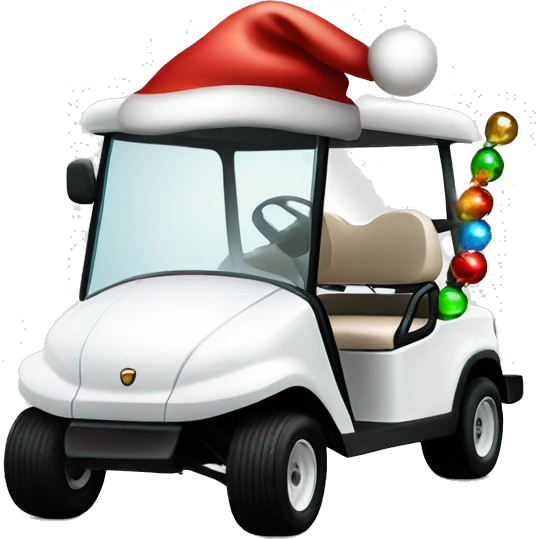 White golf cart with holiday lights, and Santa hat on top emoji