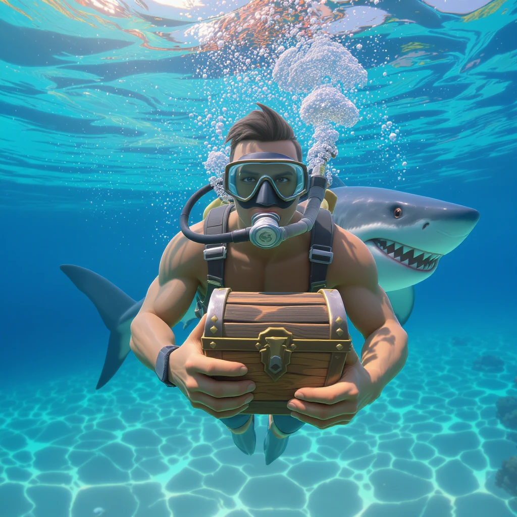 portrait, closeup, 3D, symmetrical, fortnite art style, diver holding chest underwater, happy shark swiming around him, crystal water, sunny day emoji