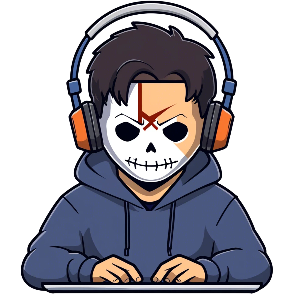 Cool, gamer boy with tan skin and black hair wearing a dark hoodie with Michael Myers on the hoodie while playing PC games and wearing headphones emoji