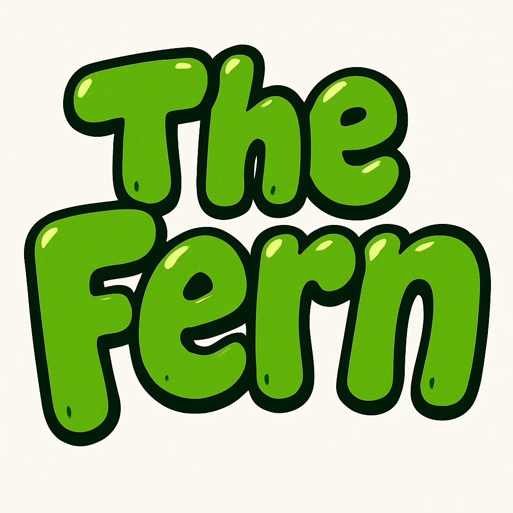 Add a black outline to the green bubble letters that say 'The Fern', keeping the vibrant, cartoonish, and eye-catching style of the letters. emoji