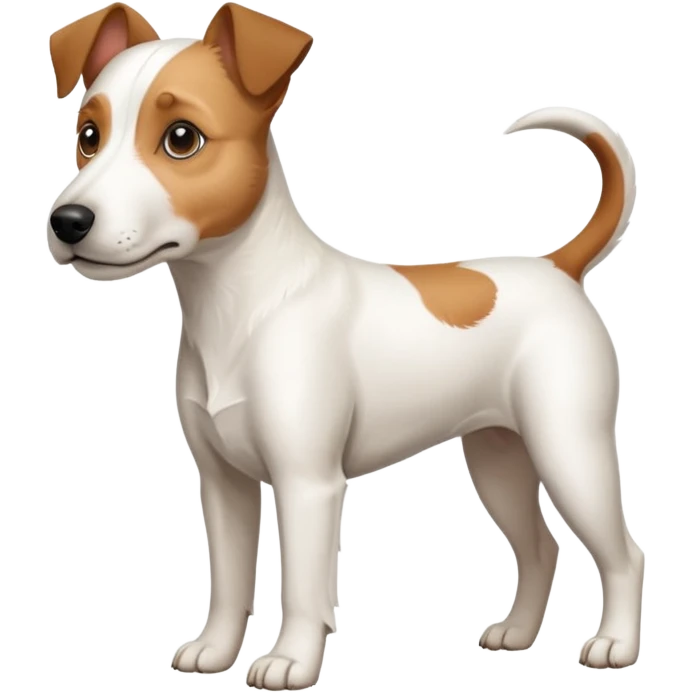 a full body large white parson russell terrier looking dog the size of a kelpie with light brown big ears and a light brown patch on one eye and a large snout emoji