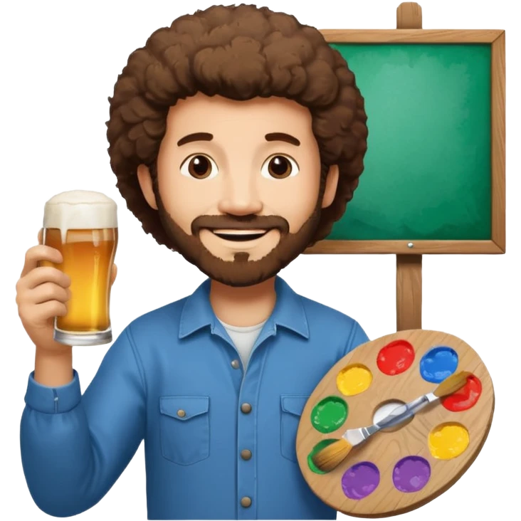 BOB ROSS HOLDING A PAINT PALETTE add a sign with a beer that says congratulations  emoji