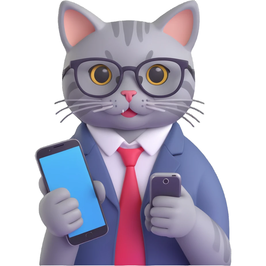 Gray IT cat with glasses, holding a smartphone, no laptop, friendly expression, 3D style, no background (transparent) emoji