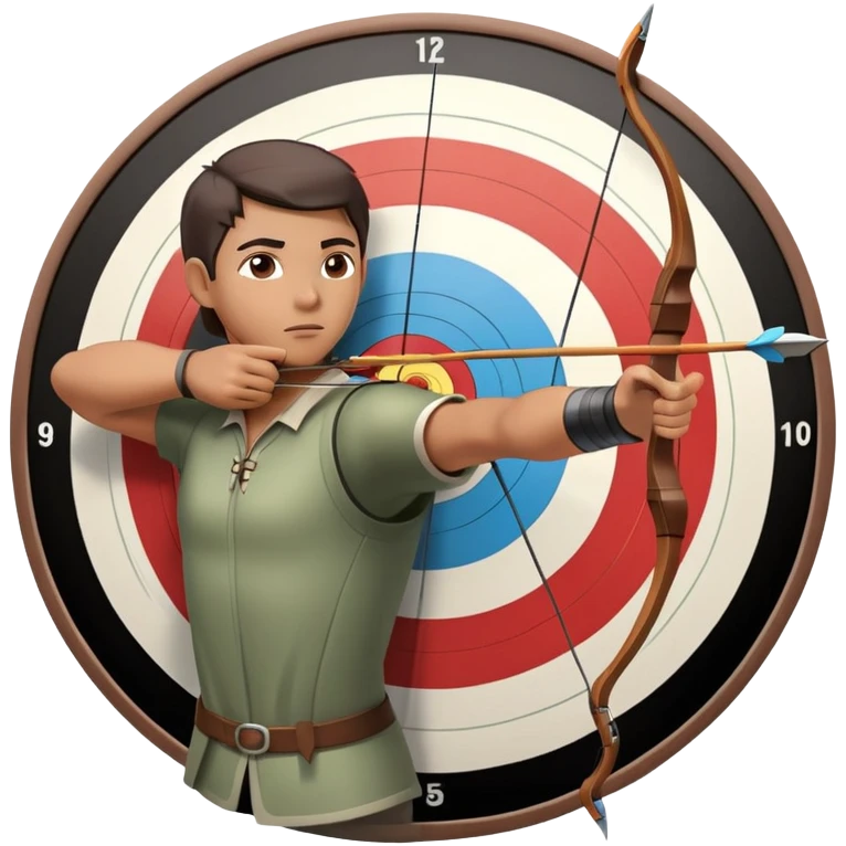 An archer drawing a bow and aiming an arrow at a target, with perfect focus and precision. The target is visible in the background, featuring concentric rings. The scene captures the concentration and skill involved in archery, emphasizing the elegance and accuracy of the sport. emoji