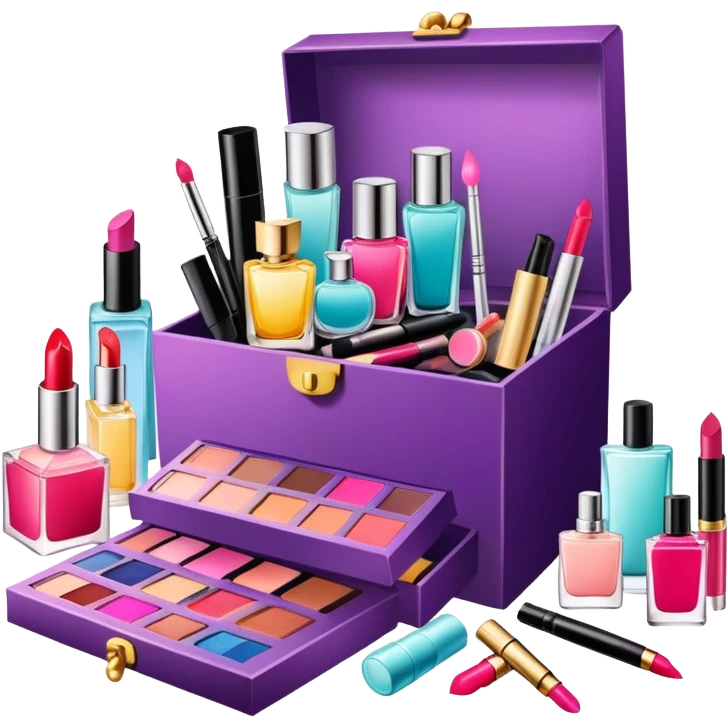 an opened box with various beauty items spilling out, including makeup, skincare, and perfume emoji
