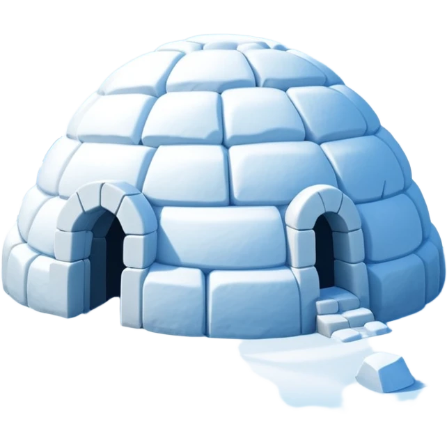 A traditional snow igloo on a vast snowy plain under a clear blue sky. Soft sunlight casts gentle shadows across the snow. The igloo has a small entrance tunnel and compacted snow blocks forming its dome. Realistic Arctic environment, crisp atmosphere, calm winter feeling. emoji